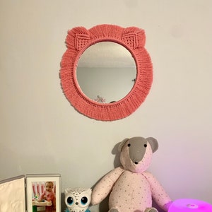 Pink Macrame Kitty Cat Animal Shaped Mirror Girls Decor
