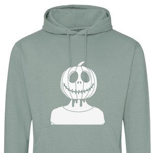 A graphic hoodie featuring a cute but creepy person with their head cut off, wearing a pumpkin as a head, bleeding from their neck. Perfect for Halloween!