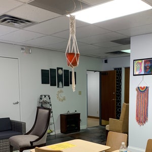 May include: A macrame plant holder with a terracotta pot suspended from a gold crescent moon-shaped fixture. The plant holder is made of off-white woven rope. The room has a modern design with neutral colours and a colourful rug.