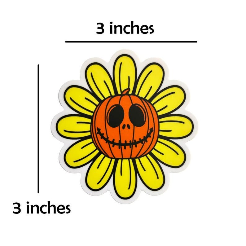 K&ouml;nnte beinhalten: Ein 7,6 cm gro&szlig;er Aufkleber mit einer gelben Sonnenblume, in deren Mitte sich ein l&auml;chelndes K&uuml;rbisgesicht befindet.