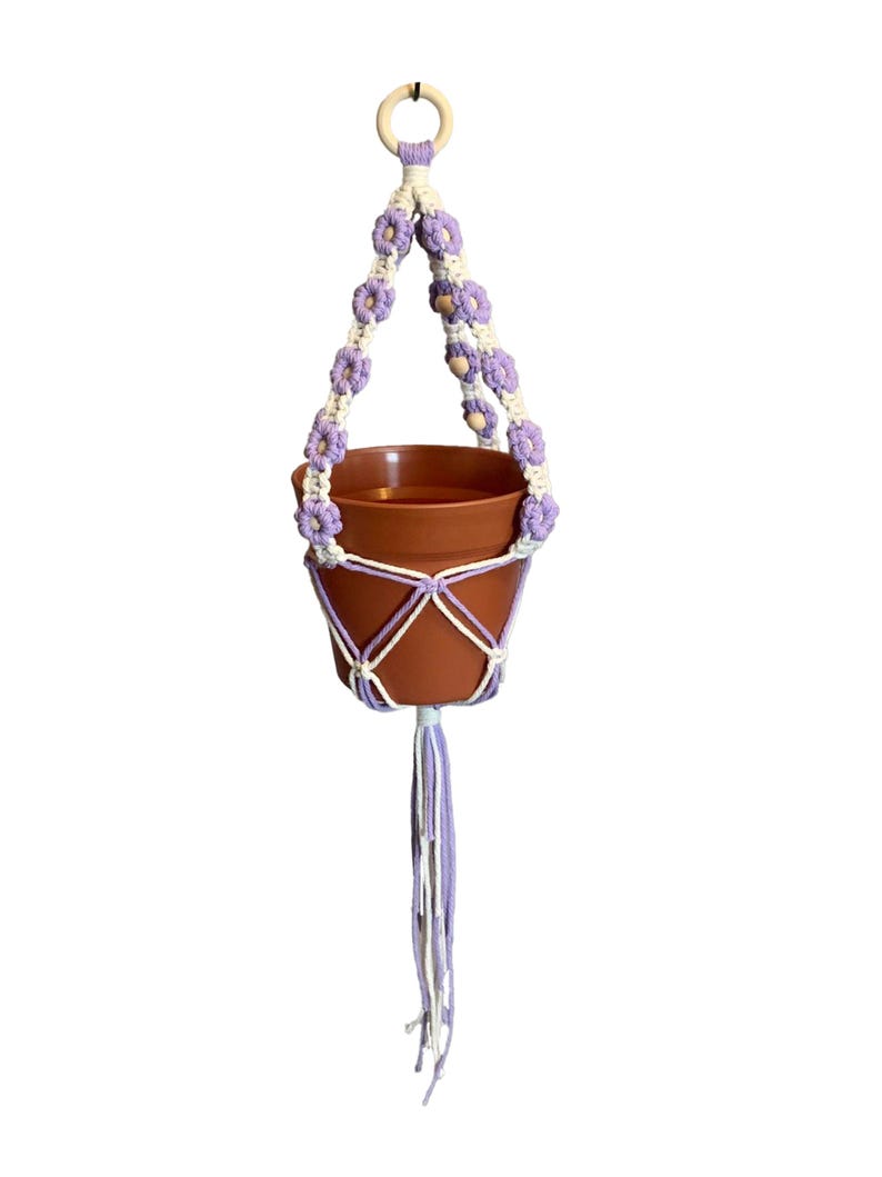 Peut inclure: Un porte-plante en macram&eacute; violet et blanc avec un pot en terre cuite. Le porte-plante a un anneau en bois en haut et un pompon en bas.