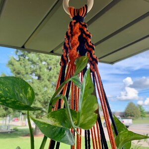 May include: A black and orange macrame plant hanger with a wooden ring at the top. The hanger is hanging from a ceiling and has a green plant growing in it.