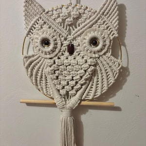May include: A macrame owl wall hanging in off-white. The owl features a circular design with detailed knotting, a wooden dowel, and a tassel. The eyes are dark with a small, dark-red bead as a beak. The owl is suspended by a string.