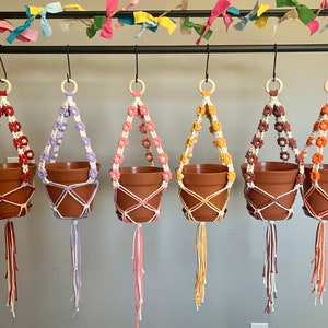 Peut inclure: Cinq suspensions de plantes en macram&eacute; avec des fils de diff&eacute;rentes couleurs et des perles en bois. Chaque suspension est dot&eacute;e d'un pot en terre cuite.