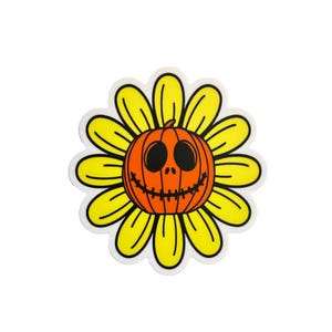 K&ouml;nnte beinhalten: Eine gelbe Blume mit einem K&uuml;rbisgesicht in der Mitte. Der K&uuml;rbis ist orange mit einem gestickten L&auml;cheln und schwarzen Augen.