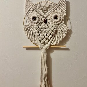 May include: A cream-colored macrame owl wall hanging. The owl features large, round eyes, a small beak, and a decorative tassel. The owl is suspended from a wooden dowel and a gold-colored metal ring.