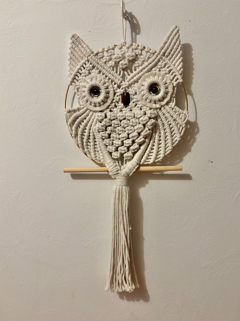 May include: A cream-colored macrame owl wall hanging. The owl features large, round eyes, a small beak, and a decorative tassel. The owl is suspended from a wooden dowel and a gold-colored metal ring.