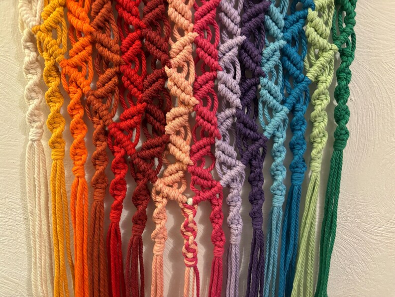Op de afbeelding: Een regenboog macram&eacute; wandhanger met strengen garen in verschillende kleuren, waaronder wit, geel, oranje, rood, roze, paars, blauw, groen en turquoise.