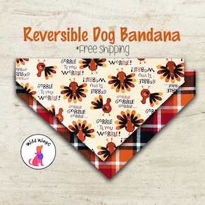 Thanksgiving Turkey Dog Bandana, Autumn Reversibe Pet Bandana, Holiday Dog, Gobble Gobble Dog, Fall Dog Apparel, Over the Collar, Plaid