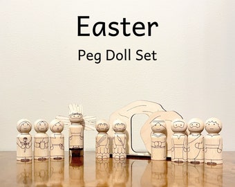 Easter Peg Doll Set - Crucifixion and Resurrection Crèche Activity - Christian Bible Characters: Jesus, Mary Magdalene, Angel, Disciples