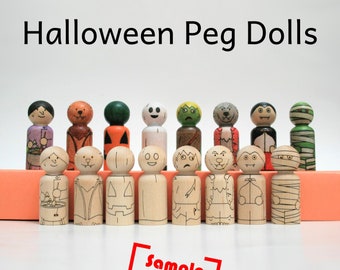 Halloween Peg Doll Set - Wooden Toy/Decor - Mummy Pumpkin Witch Vampire Bat Werewolf Zombie Ghost - DIY Coloring Craft - Laser Engraved