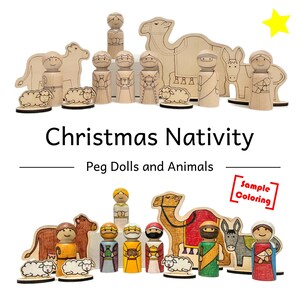 Christmas Peg Doll Nativity Set - Mary/Baby Jesus, Joseph, Angel, Shepherd, 3 Wise Men - Camel, Cow, Donkey, Sheep - DIY Wood Coloring Craft