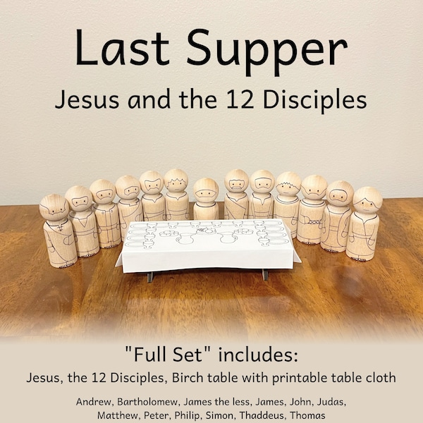 Last Supper Jesus and 12 Disciples Peg Doll Set - Easter Story and Activity - Christian Bible Characters / Apostles Craft - Laser Engraved