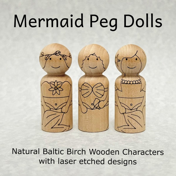 Mermaid Peg Doll Set - Craft / Toy / Decor - Natural Wooden Characters - DIY Wood Coloring Craft - Laser Engraved - 3 Pack
