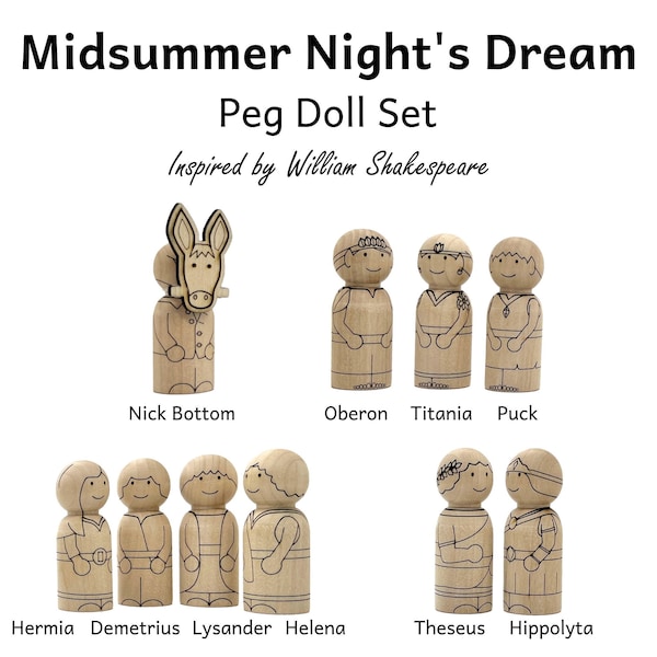 Midsummer Night's Dream Peg Doll Set - William Shakespeare - Storytelling Aide - Natural Wooden Characters - DIY Color Your Own