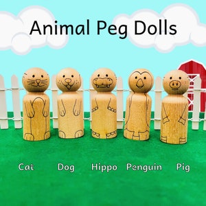 Animal Peg Doll Set - Natural Wooden Toy/Decor - Cat/Kitty/Kitten Dog/Puppy Hippo Penguin Pig - DIY Color Your Own Craft - Laser Engraved