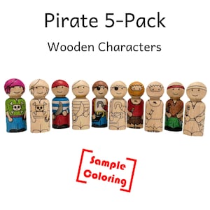 Pirate Peg Doll Set - Handwerk / Spielzeug / Dekor - Natürliche Holzfiguren - DIY Farbe Ihre Eigene - Lasergravur - 5er Pack