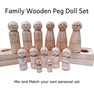 Family Wooden Peg Doll Characters - Baby/Boy/Girl/Mother/Father/Grandmother/Grandfather/Dog - DIY Color Your Own Craft - Laser Engraved