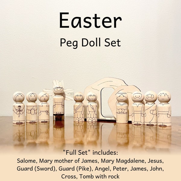 Easter Peg Doll Set - Crucifixion and Resurrection Crèche Activity - Christian Bible Characters: Jesus, Mary Magdalene, Angel, Disciples