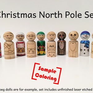 Christmas Peg Doll North Pole Set - Santa Claus, Mrs. Claus, Reindeer/Rudolph, Elf, Snowman/Frosty  - DIY Wood Craft - Laser Engraved 5 Pack