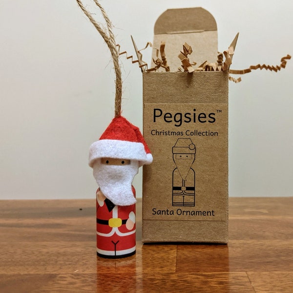 Santa Christmas Ornament, Wooden Peg Doll with Felt Hat and Beard, Laser Printed Design, Made in USA, Pegsies