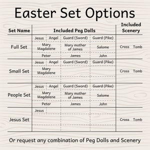Many sets of Pegsies Easter Peg Doll Set. Sets include options for ten different peg dolls and two different scenery options, Cross and Tomb.