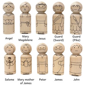 Unfinished baltic birch peg dolls that go to the Easter peg doll set. Characters include, Angel, Mary Magdalene, Jesus, Guard with sword, Guard with pike, Salome, Mary mother of James, Peter, James, and John.