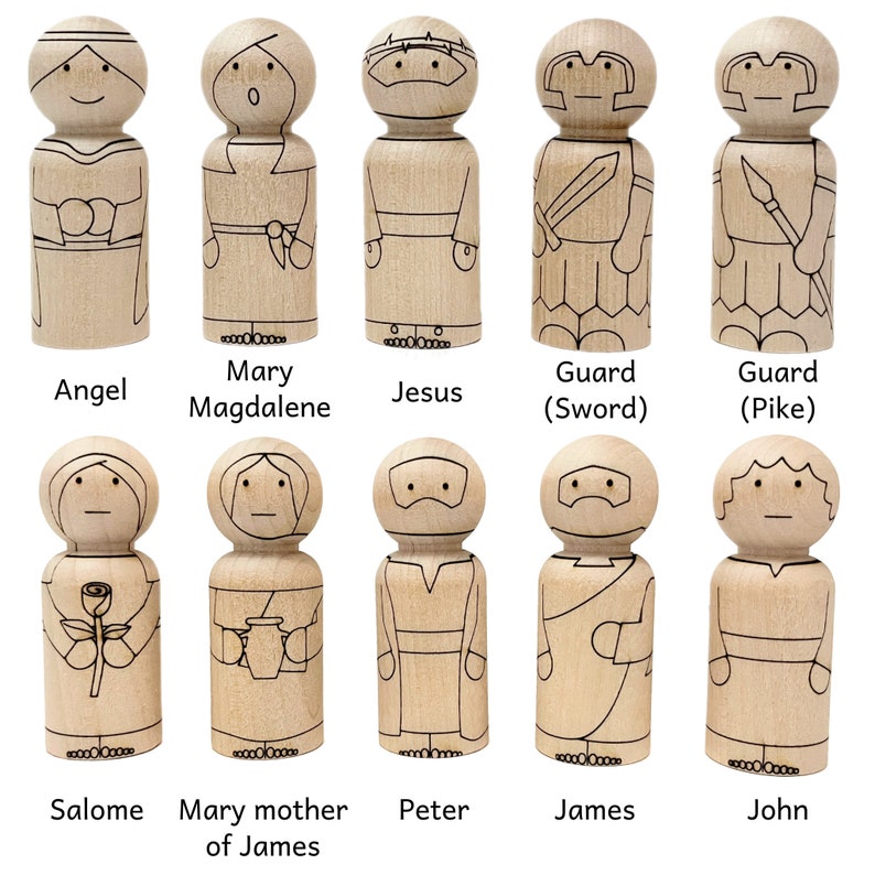 Unfinished baltic birch peg dolls that go to the Easter peg doll set. Characters include, Angel, Mary Magdalene, Jesus, Guard with sword, Guard with pike, Salome, Mary mother of James, Peter, James, and John.