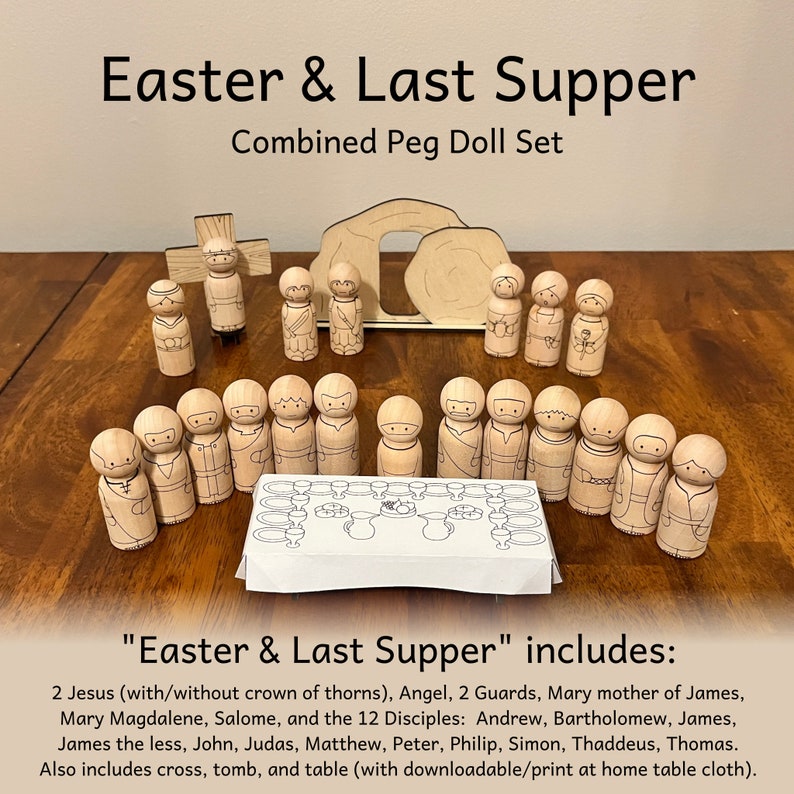 Easter and Last Supper combined peg doll set. Laser engraved wooden peg dolls with wooden cross, cave, and table. Designs look like an Angel, Jesus (with and without crown of thorns), 2 guards, three women, and the 12 disciples.