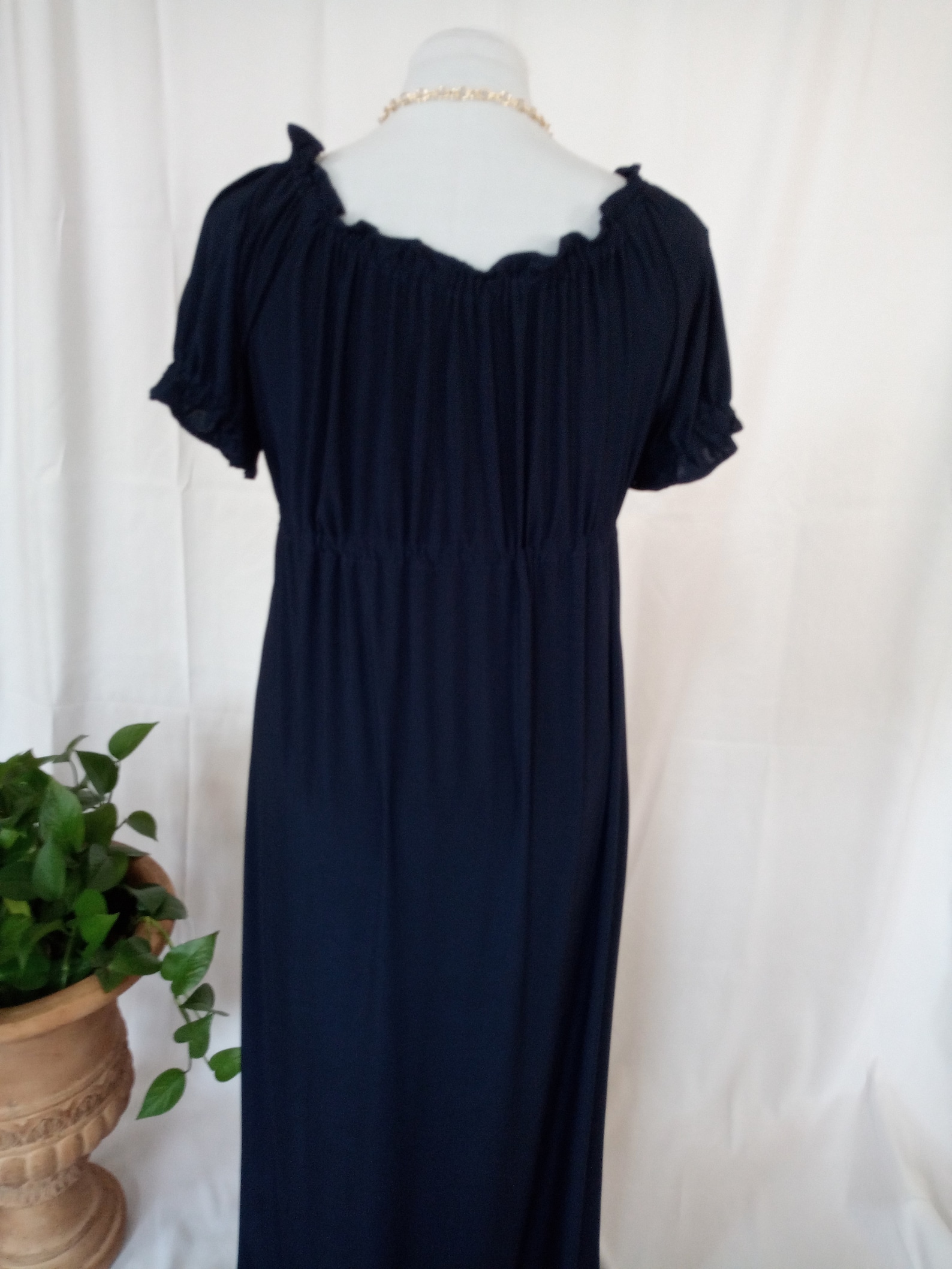 Women's Navy Blue Self Design Cotton Puff Sleeves Empire Dress