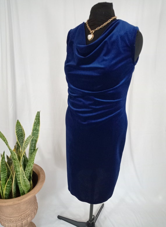 Navy blue sleeveless cowl neck velvet dress