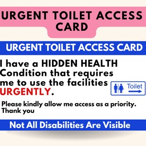 Dringend toilet Medische toegang Verborgen gezondheidstoestand Handicapkaart | Valet Medical Alert Card digitale download