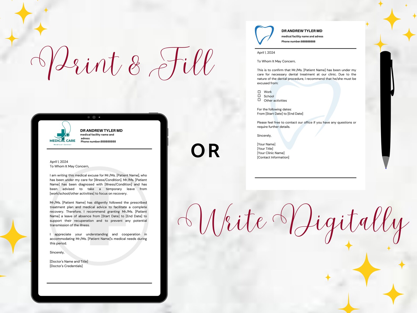 Editable Doctor Note With Signature Dr Excuse for Work & School Doctor ...