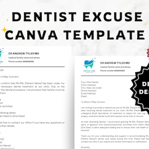 Editable Dentist Excuse Note Dr Excuse Template Doctor&#39;s Note for Work & School Excuse Note Urgent Care Drs Note to Return to School or Work