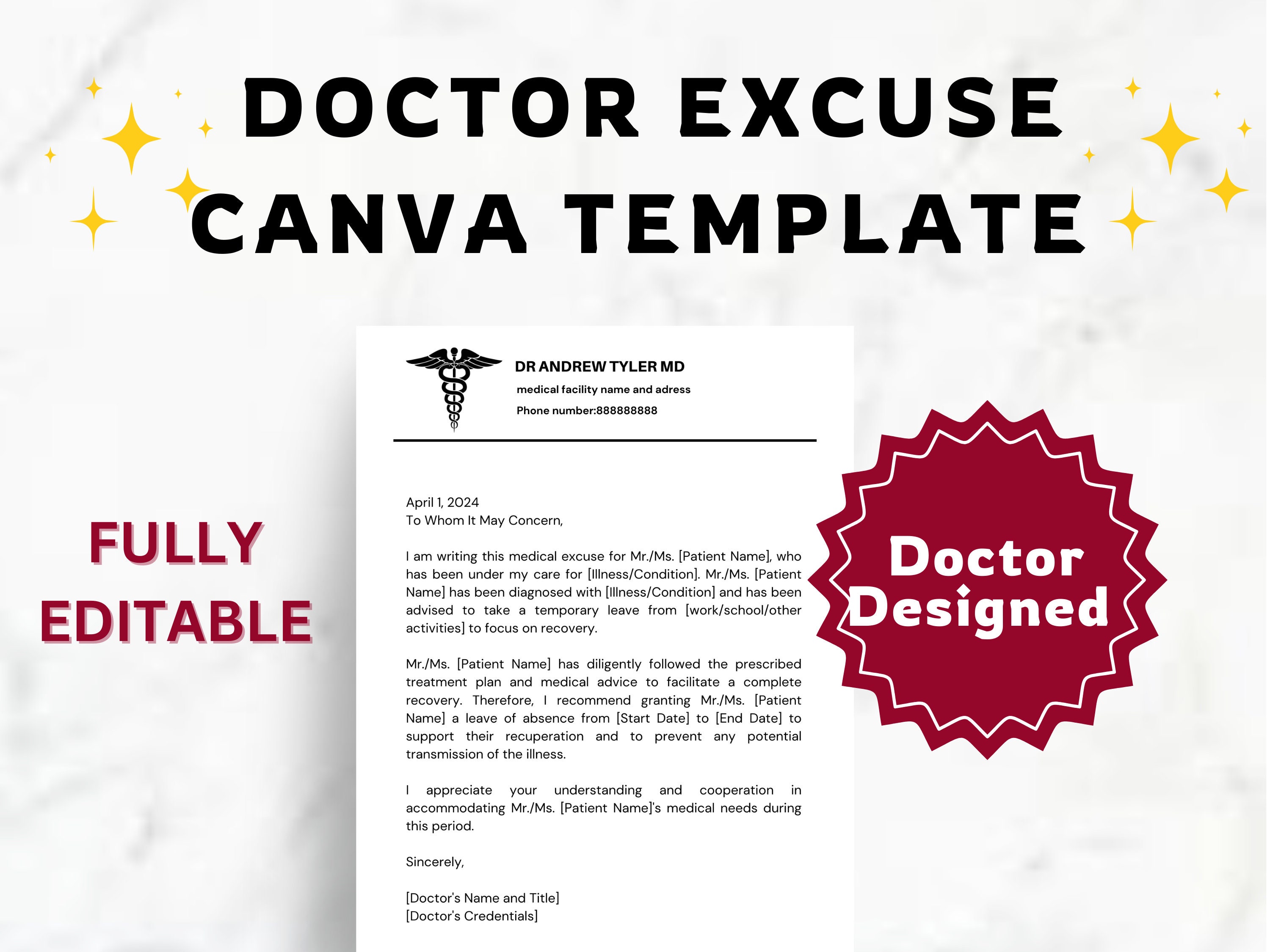 Editable Doctor Note With Signature Dr Excuse for Work & School