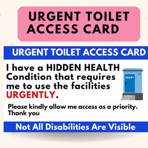 Carte d'accès urgent aux toilettes pour demander l'utilisation urgente des toilettes (affection de la vessie/des intestins) Carte d'identité d'alerte médicale avec voiturier à télécharger