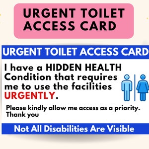 Carte d'accès urgent aux toilettes pour demander l'utilisation urgente des toilettes (affection de la vessie/des intestins) Carte d'identité d'alerte médicale avec voiturier à télécharger