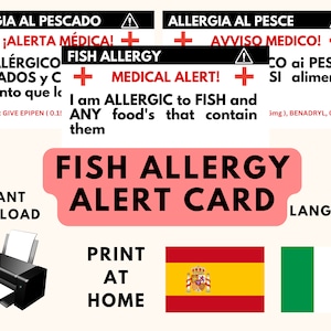 Fish Allergy Card | Fish Allergy | Allergy Valet Card | Italian Allergy Alert Card | Spanish  Food Allergy Card | EDITABLE & PRINTABLE CANVA