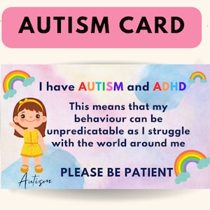 Tarjeta de alerta médica de identificación de discapacidad por autismo y TDAH: tengo autismo, concienciación sobre el TDAH, información de emergencia para la seguridad y la concienciación sobre el autismo y el TDAH