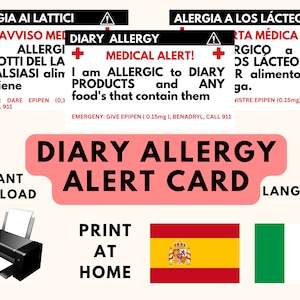 Kaart voor zuivelallergie | Melkallergie | Zuivelallergie | Italiaanse allergiewaarschuwingskaart | Spaanse voedselallergiekaart | BEWERKBAAR EN AFDRUKBAAR | CANVA