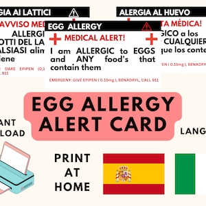 Spaanse eierallergie vertaalkaart, Italiaanse eierallergie voor reizen Instant pdf digitale download, veilig eten in Spanje, Italië Medische identiteitskaart