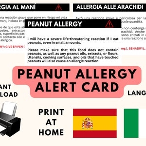 Pinda-allergiekaart | Notenallergie parkeerkaart | Italiaanse allergiewaarschuwingskaart | Spaanse waarschuwingskaart voedselallergie BEWERKBAAR EN AFDRUKBAAR CANVA