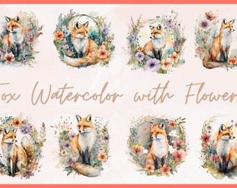 Watercolor Fox With Flowers Clip Art, Cute Baby Shower Graphics, Nursery Wall Art, Woodland Animal PNG | Digital Download