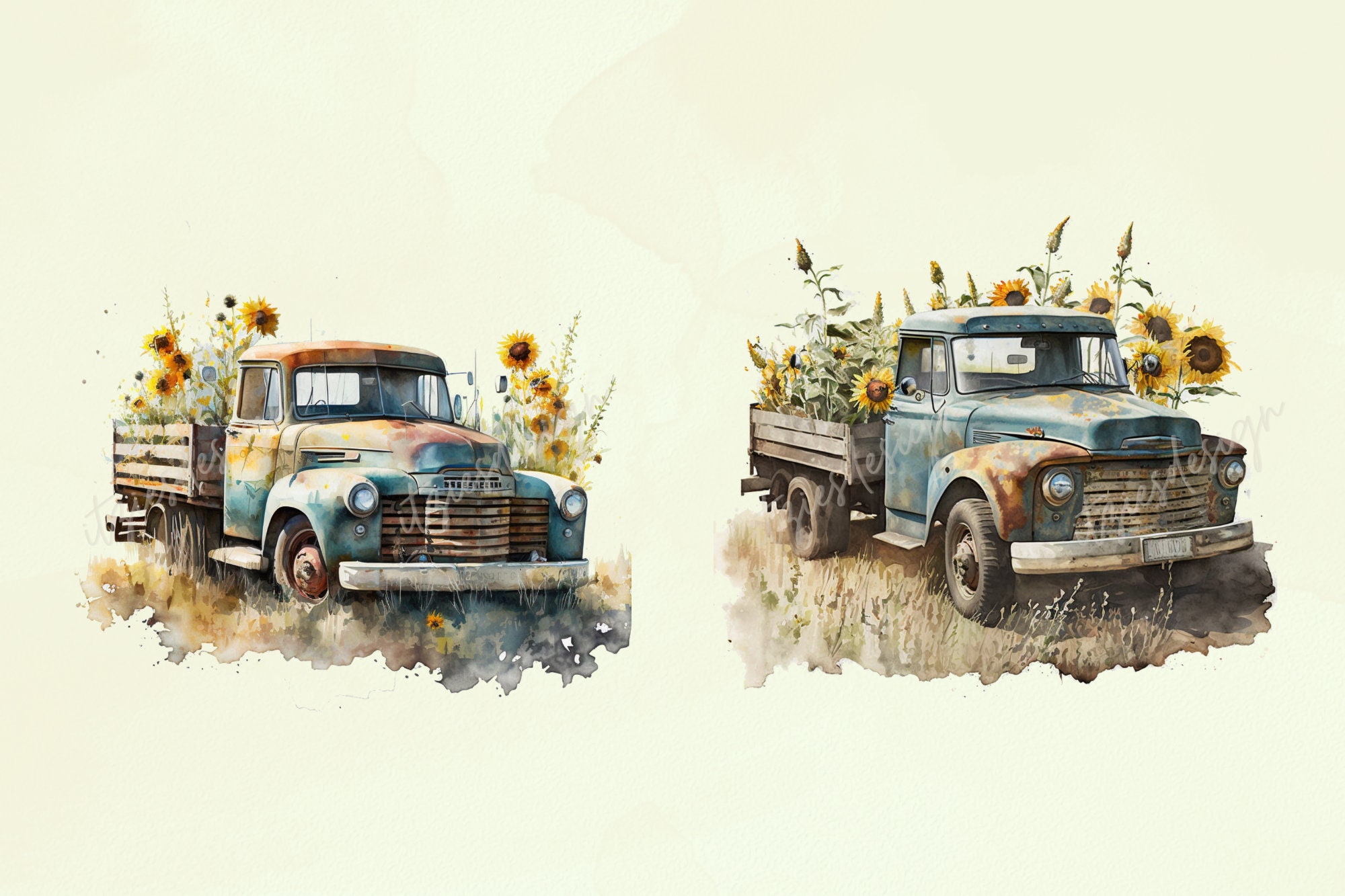 Vintage Farm Trucks Watercolor With Sunflowers Clip Art | Retro Farm ...