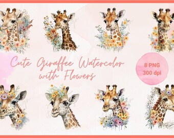 Cute Giraffe Watercolor With Flowers Clip Art, Cute Baby Shower Graphics, Nursery Wall Art, Woodland Animal PNG | Digital Download