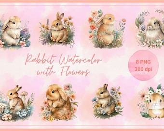 Watercolor Cute Bunny With Flowers Clip Art, Cute Baby Shower Graphics, Nursery Wall Art, Woodland Animal PNG | Digital Download