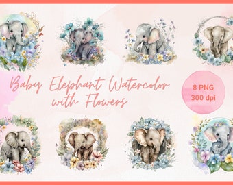 Watercolor Baby Elephant With Flowers Clip Art, Cute Baby Shower Graphics, Nursery Wall Art, Woodland Animal PNG | Digital Download