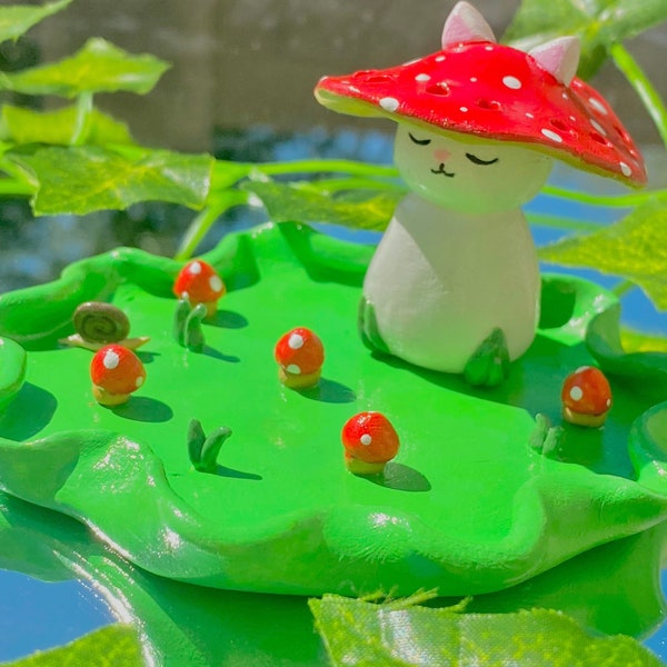 Multiple Colors available! Handmade Mushroom Cat with Snail Jewelry Holder Polymer Clay Dish!