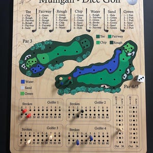 May include: A wooden game board with a golf course design. The board has a green, blue, and white golf course with a scorecard and scoring pegs. The game is called "Mulligan - Dice Golf".