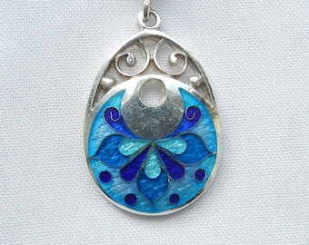 Georgian Cloisonne Enamel Silver Pendant, Ocean Blue Floral Necklace